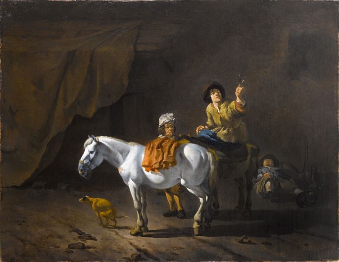 Karel Dujardin - A Horseman Holding a Roemer of Wine with an Ostler Tending the Horses | MasterArt